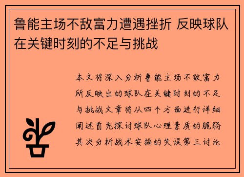 鲁能主场不敌富力遭遇挫折 反映球队在关键时刻的不足与挑战