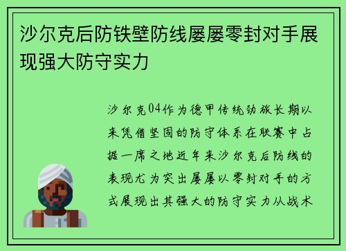 沙尔克后防铁壁防线屡屡零封对手展现强大防守实力