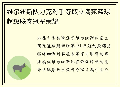 维尔纽斯队力克对手夺取立陶宛篮球超级联赛冠军荣耀