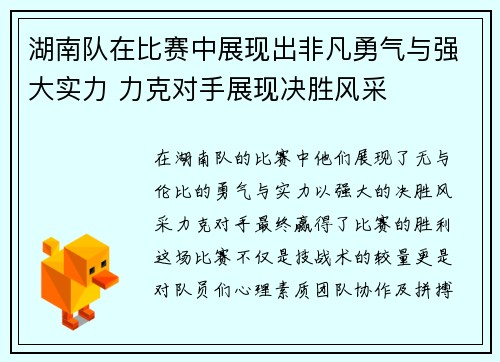 湖南队在比赛中展现出非凡勇气与强大实力 力克对手展现决胜风采