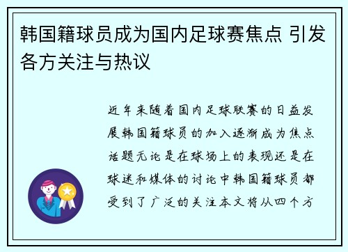 韩国籍球员成为国内足球赛焦点 引发各方关注与热议
