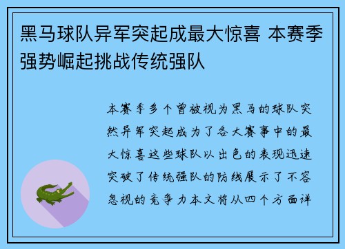 黑马球队异军突起成最大惊喜 本赛季强势崛起挑战传统强队